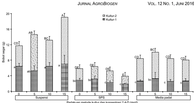 Gambar 2 .  Proliferasi  kalus  dan  pertumbuhan  biomassa  sagu  pada  periode  kultur-1  (umur  6  minggu)  dan  kultur-2  (umur  12  minggu)  pada 