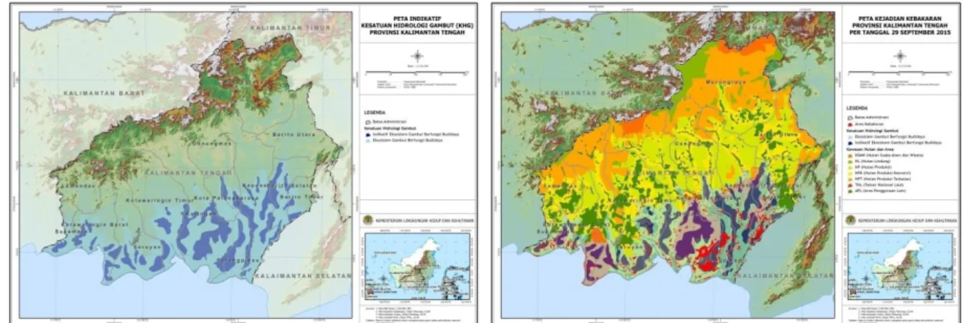 Gambar  1  berikut  menunjukkan  daerah  sebaran  lahan  gambut  dan  kejadian  kebakaran  di  Kalimantan Tengah tahun 2015