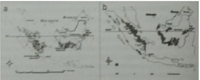 Gambar 3. Sebaran titik api 1997 (a) dan sebaran gambut (b) di Sumatera dan Kalimantan: lebih  dari 60 persen kebakaran hutan terjadi di daerah gambut (sumber: LAPAN) 