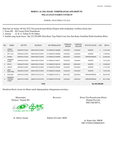 BERITA ACARA HASIL VERIFIKASI KLAIM DISPUTE PELAYANAN PASIEN COVID-19 ...