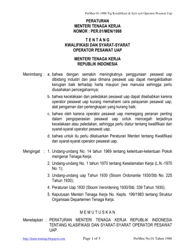 PERATURAN MENTERI TENAGA KERJA NOMOR : PER.01/MEN/1988 T E N T A N G ...