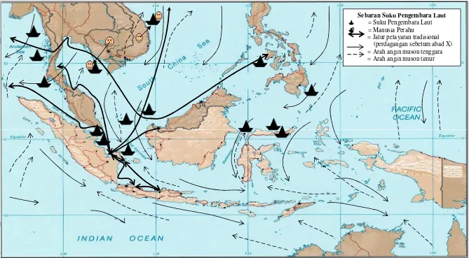 Gambar 4.1. Jalur Alur Pelayaran Tradisional, dan Penyebaran Suku Pengembara Laut di Asia Tenggara 