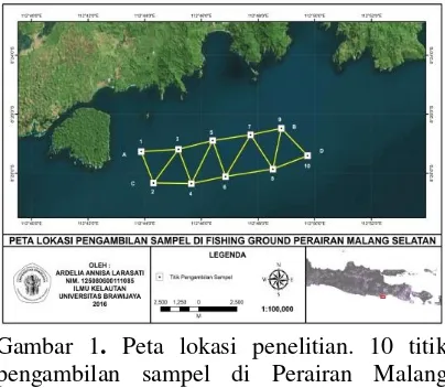 Gambar 1. Peta lokasi penelitian. 10 titik pengambilan sampel di Perairan Malang Selatan, yang diambil dengan metode zigzag