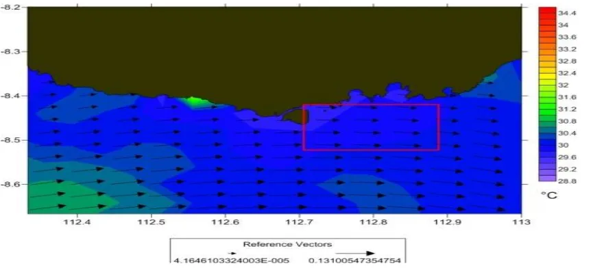 Gambar 2. Pola pergerakan arus permukaan (anak panah) dan Suhu permukaan laut (SST, skala warna) pada bulan April 2016