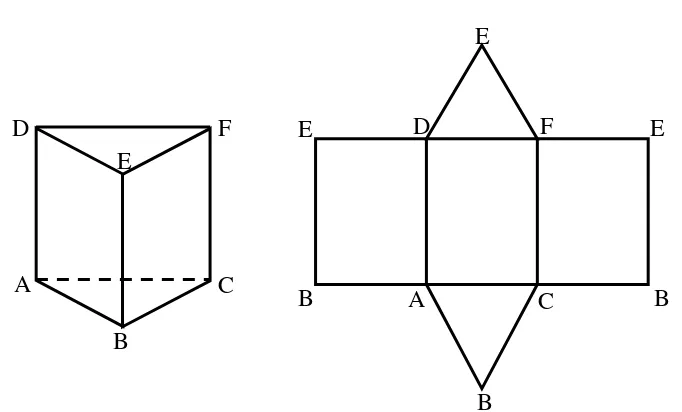 Gambar 2.2 Prisma segitiga dan jaring-jaringnya  