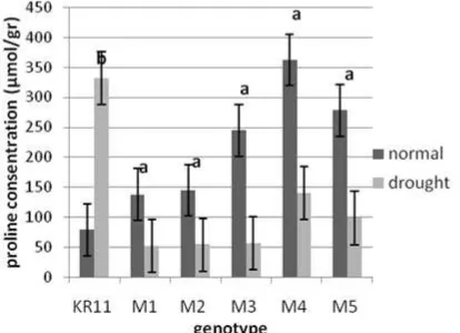 Figure. 1.    Effect of various EMS mutation induction level on proline accumulation as result of water experiment