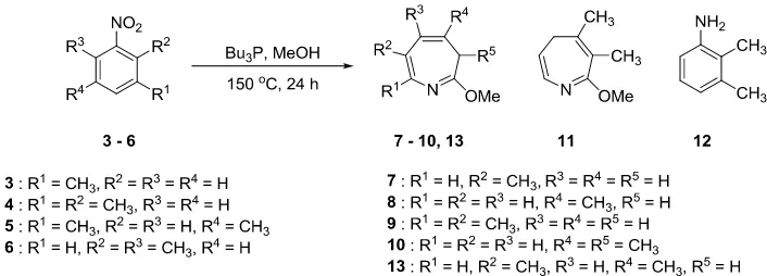 Gambar 2. Reaksi antara senyawa turunan dialkilnitrobenzena dengan Bu3P. 