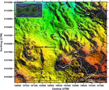 Gambar 1. Peta lokasi daerah penelitian di Kawah Wurung-Ijen, Kabupaten Bondowoso, Jawa Timur (kotak merah) menunjukkan elevasi berdasarkan data SRTM DEM dengan interval kontur 20 m