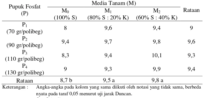 Tabel 3. Pertambahan jumlah daun bibit kelapa sawit (helai) umur 26 MSPT di main nursery pada berbagai media tanam dan pemberian pupuk fosfat 