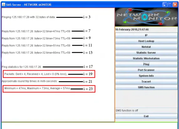 Gambar 4.34 Layar hasil fitur Ping dan Baris yang akan dikirim ke handphone  network administrator  