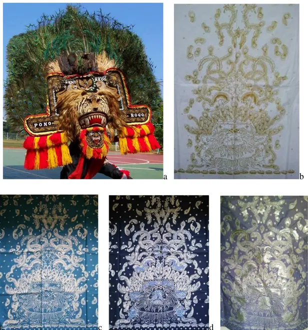 Gambar 5. Unsur reog sebagai sumber ide dalam pengembangan motif batik,   motif diterapkan pada kain (Koleksi Batik Lesoeng) 