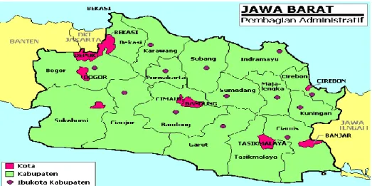 Gambar 1: Peta Jawa Barat mengenalkan Subang dan Karawang yang bertitik  dibagian utara Jawa Barat