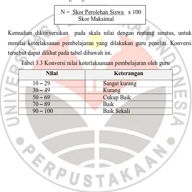 Tabel 3.3 Konversi nilai keterlaksanaan pembelajaran oleh guru 