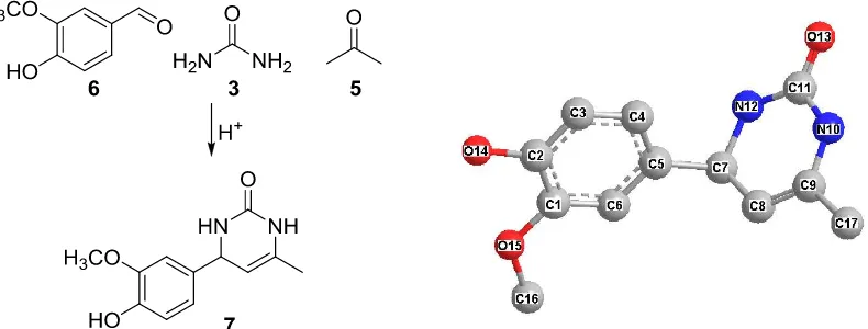 Figure 2 . Schematic reaction to yield 7 (left) and ball-stick model structure (right, hydrogen atom was not shown for clarity)