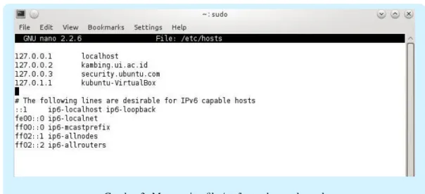Gambar 3: Menyunting file /etc/hosts dengan konsol