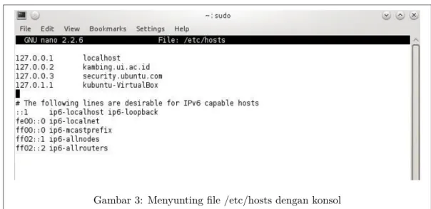 Gambar 3: Menyunting file /etc/hosts dengan konsol