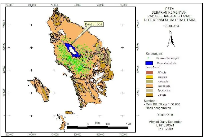 Gambar (Figure) 4. Penyebaran kemenyan berdasarkan peta jenis tanah pada RePProT (Styrax spreading area based on soil type map on RePProT)  