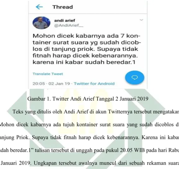 Gambar 1. Twitter Andi Arief Tanggal 2 Januari 2019 