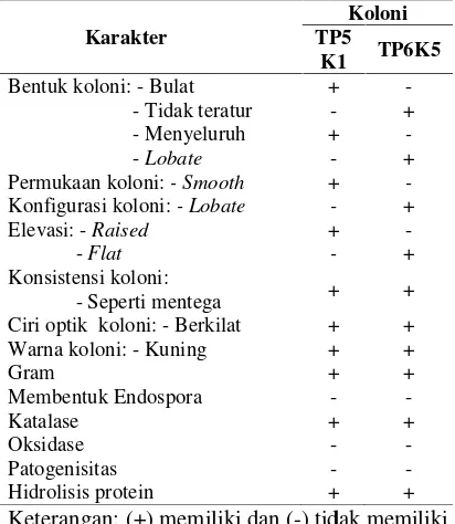 Tabel 1. Karakter pertumbuhan isisolat bakteri