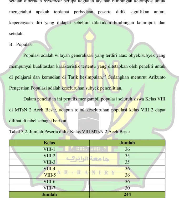 Tabel 3.2. Jumlah Peserta didik Kelas VIII MTsN 2 Aceh Besar 