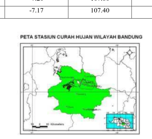 Gambar 3.1 Peta stasiun curah hujan wilayah Bandung (berdasarkan koordinat setiap titik stasiun)
