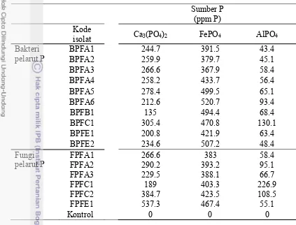 Tabel 3 Kemampuan mikrob pelarut P dalam melarutkan P dari berbagai sumber P sukar larut(Ca3(PO4)2, FePO4,  AlPO4) 