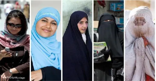 Gambar 1 Jenis-jenis hijab: kerudung, chador, niqab dan burqa (Sumber: http://alianzacivilizaciones.blogspot.com)