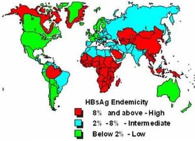 Gambar 2.1 : Paparan distribusi dari infeksi HBV kronis di seluruh dunia 