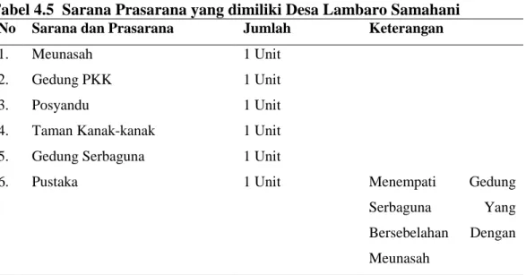 Tabel 4.5  Sarana Prasarana yang dimiliki Desa Lambaro Samahani   No  Sarana dan Prasarana  Jumlah  Keterangan  1