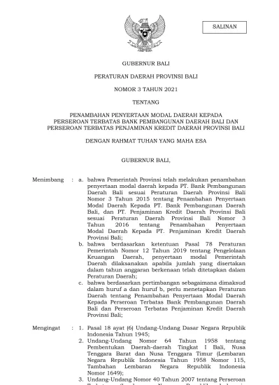 GUBERNUR BALI PERATURAN DAERAH PROVINSI BALI NOMOR 3 TAHUN 2021 TENTANG ...