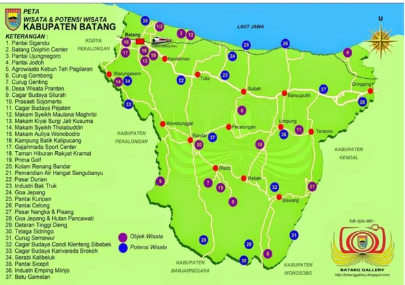 Gambar 3.1. Peta Wisata dan Potensi Wisata Kabupaten Batang 68    Kabupaten Batang berada pada 6° 51’ 46” LS - 7° 11’ 47” LS  