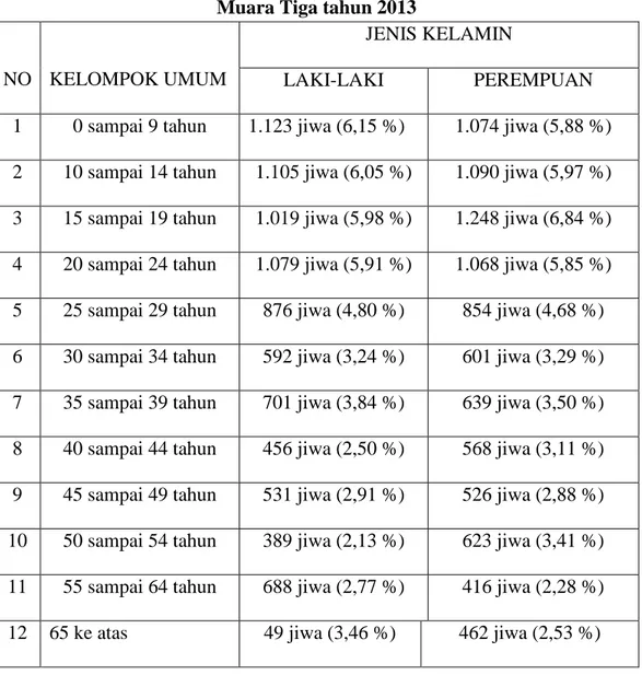 table 2.2 persentase penduduk per kelompok umur dalam kecamatan Muara Tiga tahun 2013