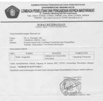 Gambar 2. Surat Keterangan Pendaftaran Haki Melalui LPPM Universitas Brawijaya 