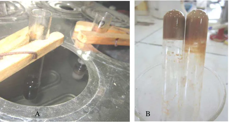 Gambar 8. Perekat dipanaskan di penangas air (A) dan perekat yang membentuk        gel (B) 