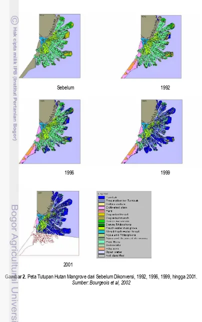 Gambar 2. Peta Tutupan Hutan Mangrove dari Sebelum Dikonversi, 1992, 1996, 1999, hingga 2001