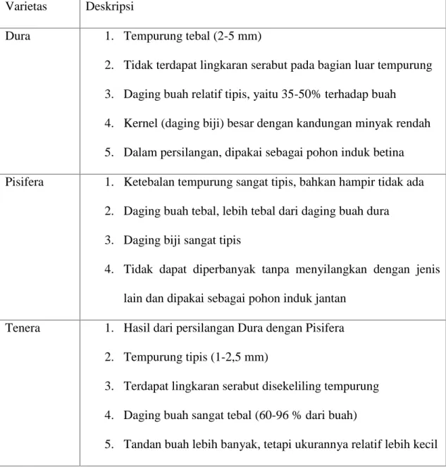 Tabel  2.1.  Varietas  Kelapa  Sawit  berdasarkan  ketebalan  tempurung  dan daging buah