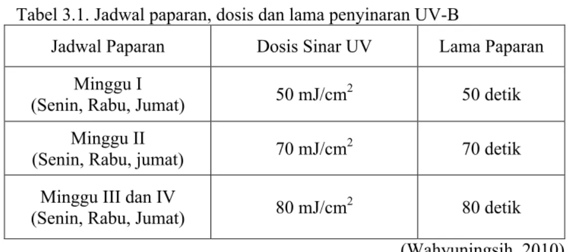 Tabel 3.1. Jadwal paparan, dosis dan lama penyinaran UV-B 