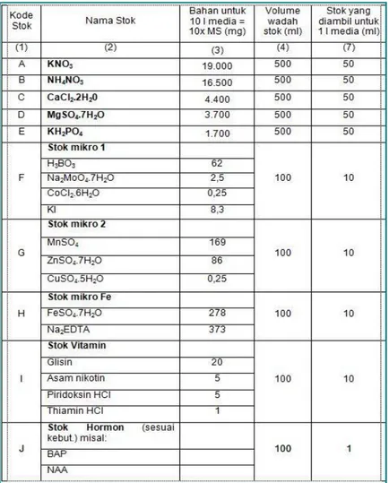 Tabel  1.  Kebutuhan  Bahan  Larutan  Stok  untuk  10  liter  Media  MS  (10  kali  pembuatan,  masing-masing  pembuatan  1  liter)