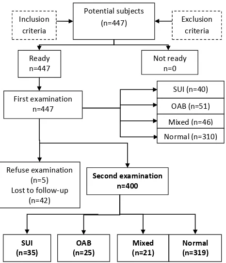 Figure 1. Flow chart of the study. SUI: stress urinary incon-tinence; OAB: overactive bladder