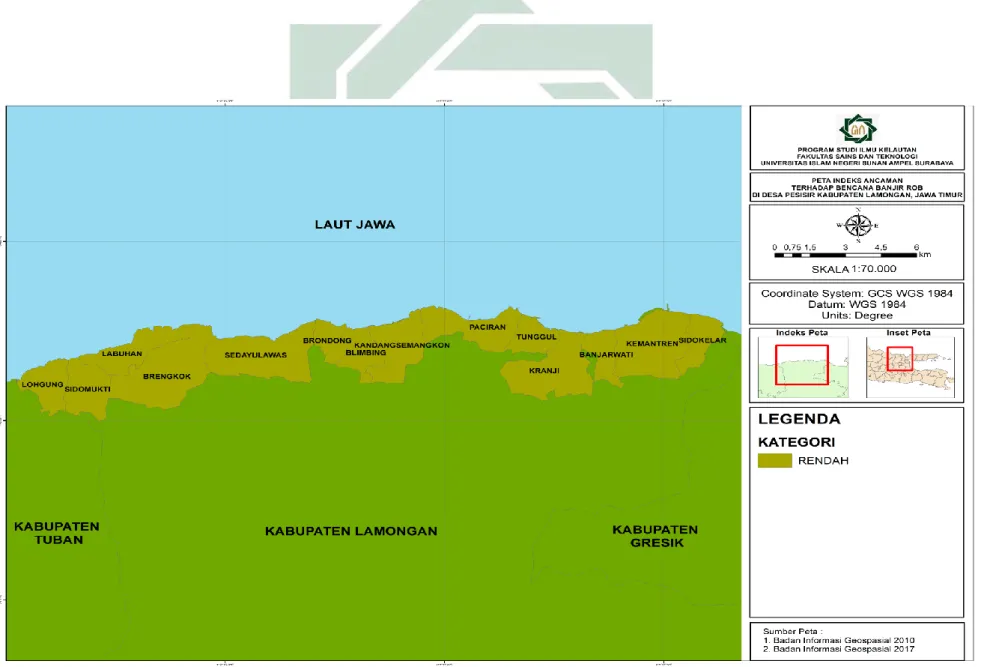 Gambar 4.1 Peta Persebaran Indeks Ancaman Terhadap Banjir di Wilayah Pesisir Kabupaten Lamongan  (Sumber: Olah data, 2020)