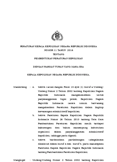 PERATURAN KEPALA KEPOLISIAN NEGARA REPUBLIK INDONESIA NOMOR 11 TAHUN ...