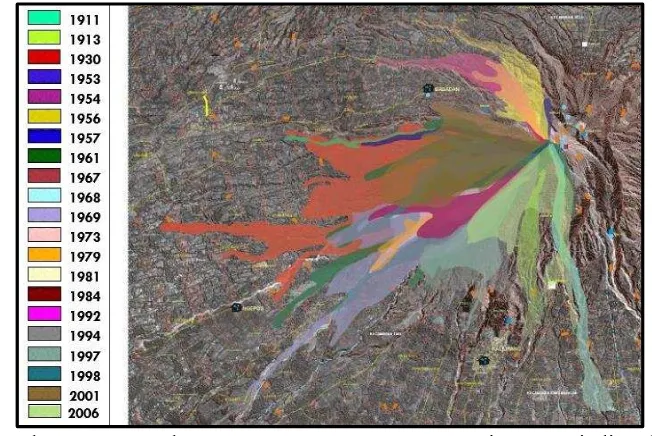 Gambar 1.3 Peta sebaran awanpanas Gunung Merapi yang terjadi pada  tahun 1911-2006 