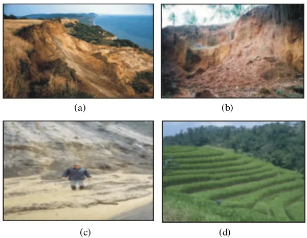 Gambar 3. Lereng terjal (a), tanah yang kurang padat dan tebal (b), batuan yang kurang kuat (c), 