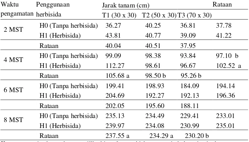 Tabel 1. Rataan tinggi tanaman (cm) umur 2, 4, 6, dan 8 MST pada penggunaan herbisida dan berbagai jarak tanam 