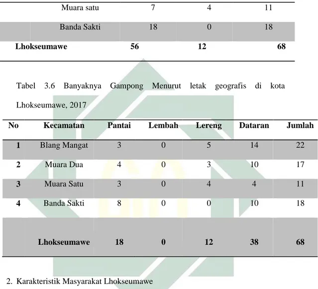 Tabel  3.6  Banyaknya  Gampong  Menurut  letak  geografis  di  kota  Lhokseumawe, 2017 