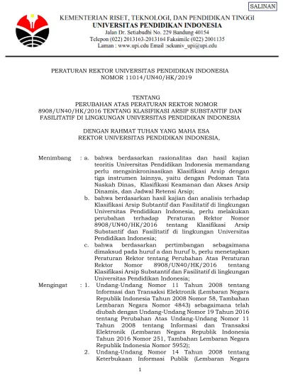 PERATURAN REKTOR UNIVERSITAS PENDIDIKAN INDONESIA NOMOR 11014/UN40/HK/2019