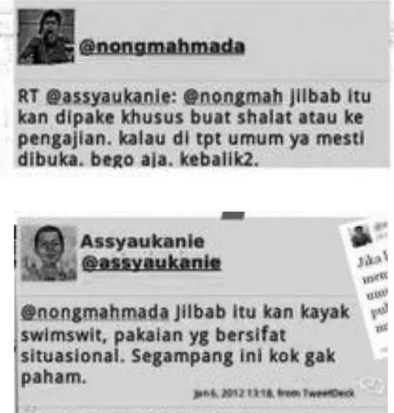 Gambar 3.5. Contoh tweetSumber : Laman Twitter #IndonesiaTanpaJIL pemikiran mengenai kewajiban  berjilbab  pemelintiran  