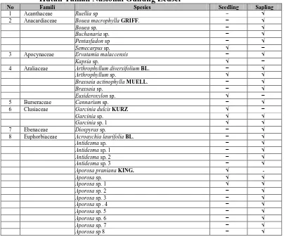 Tabel 4.1. Kekayaan Jenis Seedling dan Sapling yang Terdapat di Kawasan Hutan Taman Nasional Gunung Leuser Famili Spesies 