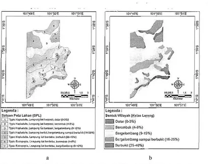 Gambar 1. Satuau Peta Laban (a) dan Peta Bentuk Wilayah (b), UPT Rantau Pandan SP-4, Provinsi Jambi ' 