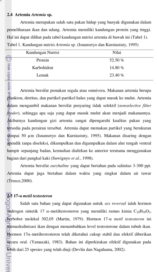 Tabel 1. Kandungan nutrisi Artemia sp. (Isnansetyo dan Kurniastuty, 1995) 